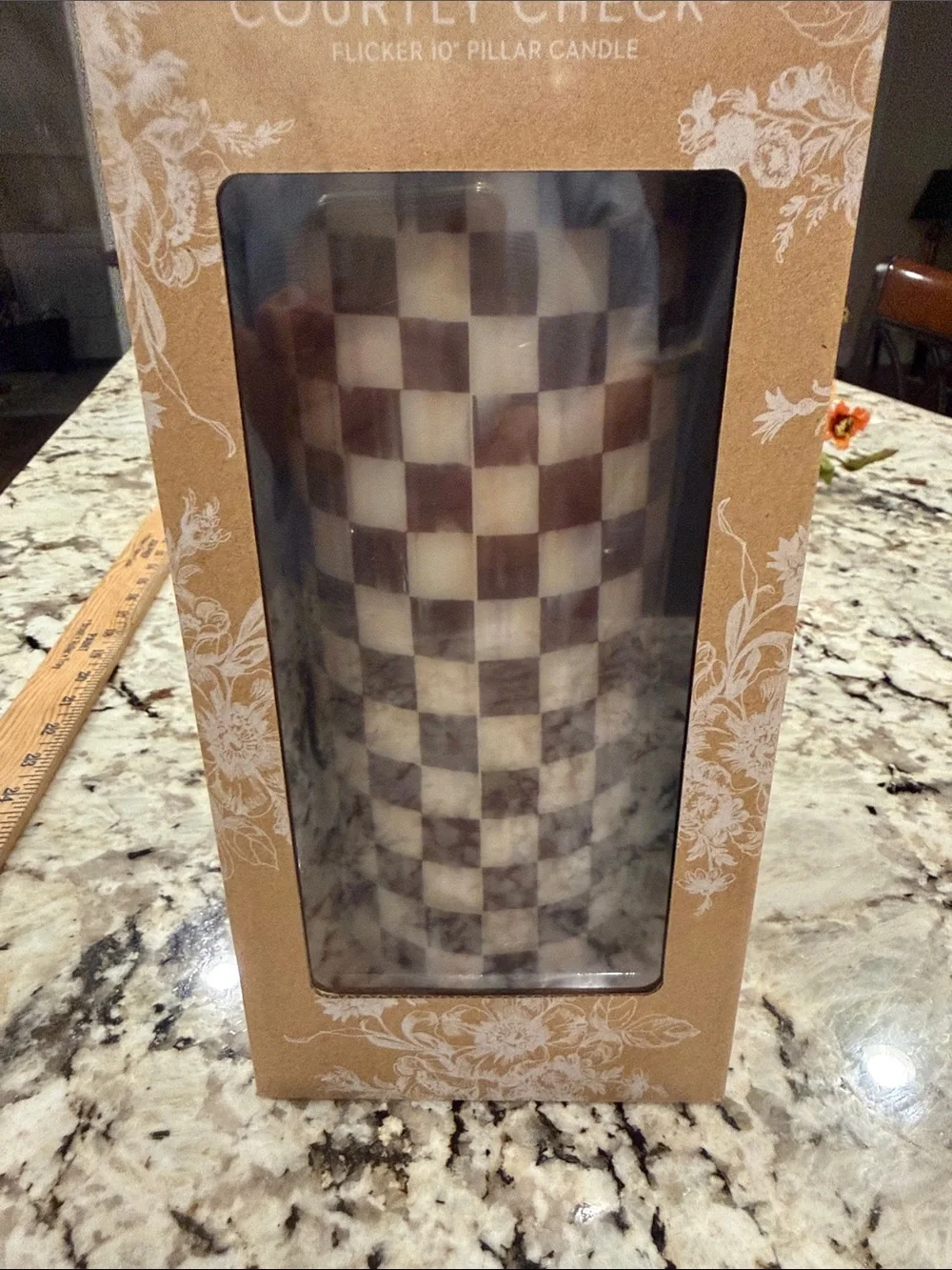 MacKenzie-Childs Brown and Cream Courtly Check Pillar Candle.   Does not light
